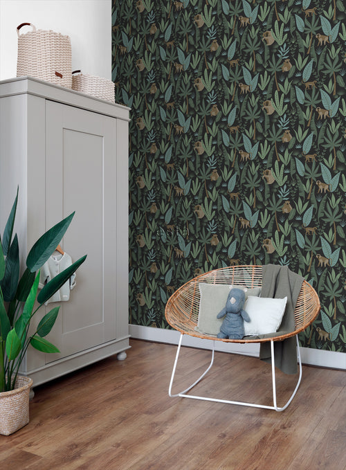 ESTAhome behang jungle apen zwart, donkergroen en mintgroen - 53 cm x 10.05 m - 139074