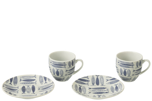 J-Line kop + schoteltje Vis - keramiek - donkerblauw - doos van 6