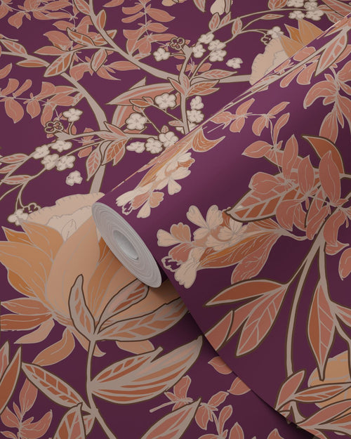 ESTAhome behang vintage bloemen in art nouveau stijl paars en terracotta - 50 x 900 cm - 132223