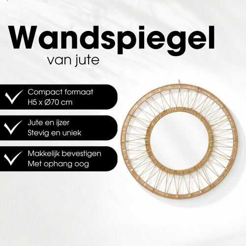 Mica Decorations Ludy Spiegel Rotan - Wandspiegel - Boho Decoratie - Decoratieve Spiegel Ø70 cm - Jute - Lichtbruin