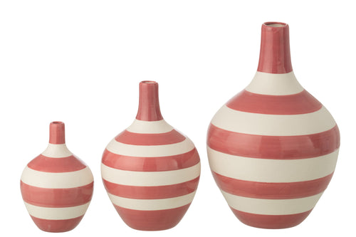 J-Line vaas Gestreept - porselein - wit/roze - set van 3