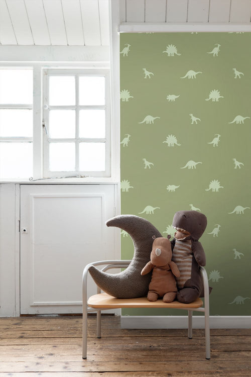 ESTAhome behang dinosaurussen vergrijsd groen - 50 x 900 cm - 131804