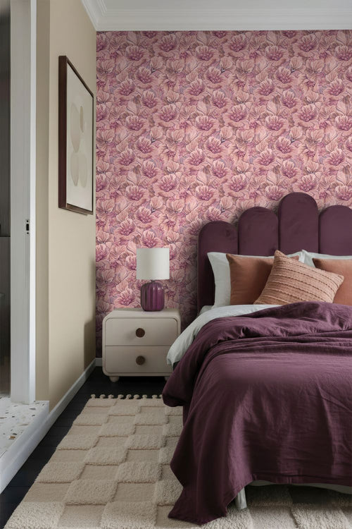 ESTAhome behang geborduurd bloemmotief paars en roze - 50 x 900 cm - 131293
