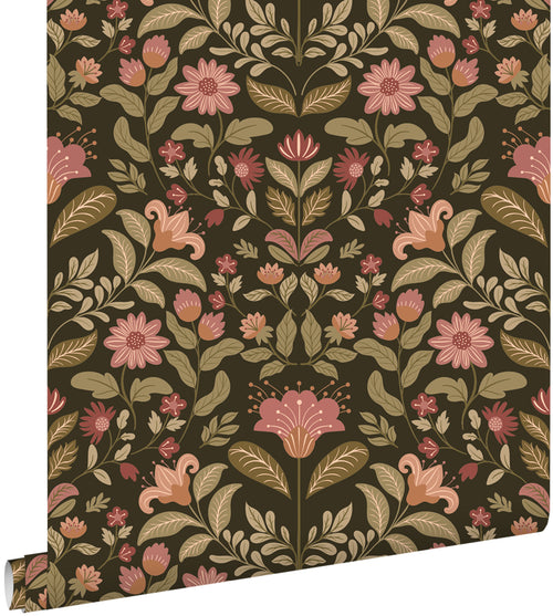 ESTAhome behang vintage bloemen groen en roze - 50 x 900 cm - 131893