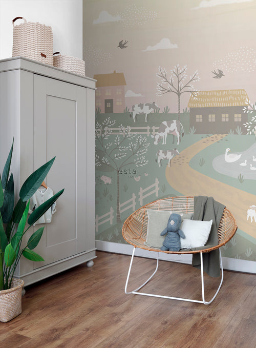 ESTAhome fotobehang boerderij dieren groen en roze - 250 x 279 cm - 159241 - vtwonen shop