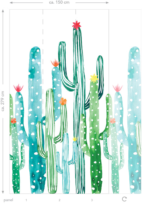 ESTAhome fotobehang aquarel geschilderde bloeiende cactussen tropisch junglegroen en turquoise - 150 x 279 cm - 158829 - vtwonen shop
