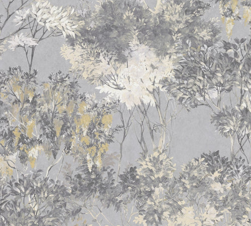 Livingwalls behang bloemmotief grijs, wit, beige, geel en zwart - 53 cm x 10.05 m - AS-391734