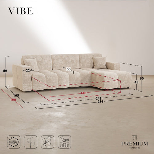 Premium Interiors - Rechthoekige hoekbank met snelle slaapfunctie VIBE - gewaafd fluweel mol 286cm