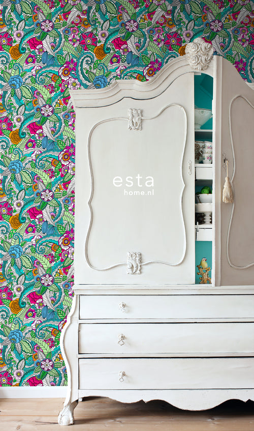ESTAhome XXL behang bloemen mandala's roze, groen, oranje, paars en blauw - 50 x 900 cm - 158608