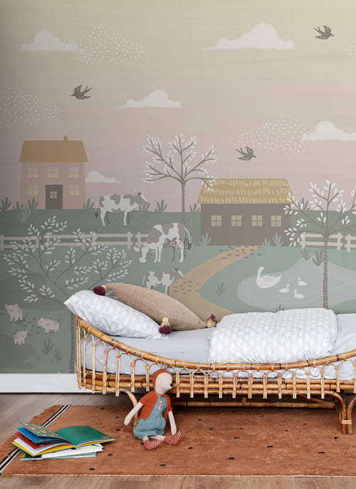 ESTAhome fotobehang boerderij dieren groen en roze - 250 x 279 cm - 159241 - vtwonen shop