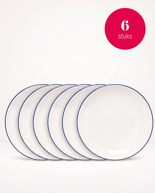 vtwonen - Dinerbord - Wit/Blauw Lijn - Porselein - 25,5cm - Set van 6