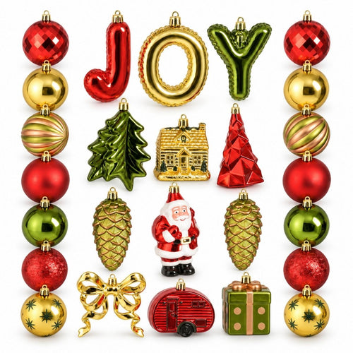 Mica Decorations Kerstornamentenset JOY - Set van 26 Onbreekbare Kerstballen in Rood, Donkergroen en Goud - Kerstboomversiering van Gerecycled