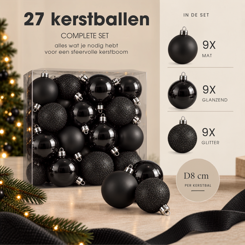 Mica Decorations Kerstballen Zwart 27 stuks - Onbreekbare Kerstballenset - Diameter 8 cm - Mix van Mat, Glanzend en Glitter - Kerstboomversiering voor