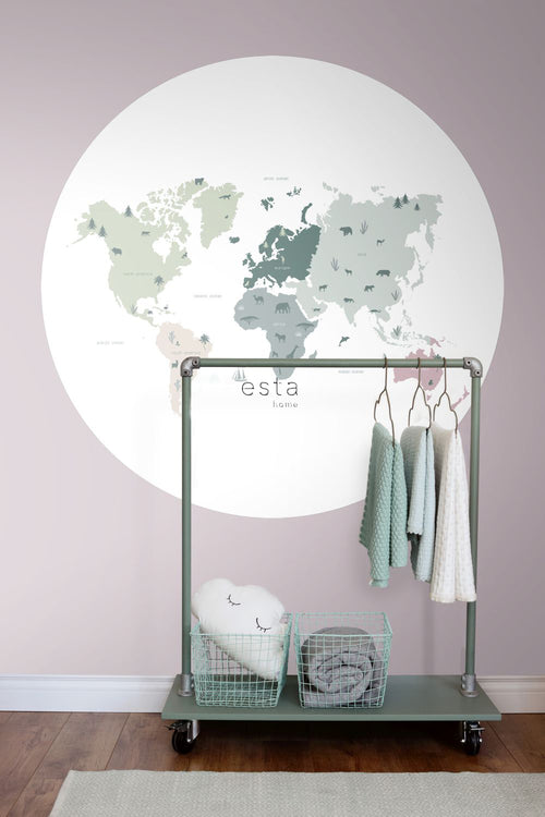 ESTAhome zelfklevende behangcirkel wereldkaart voor kinderen mintgroen, grijs en roze - Ø 140 cm - 159010
