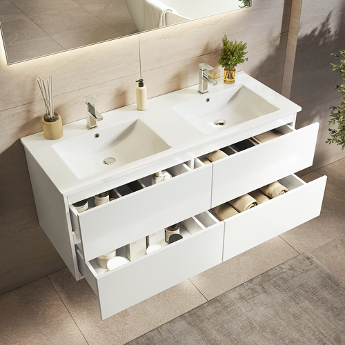 LOMAZOO badmeubelset Nuvano - met hoge kast & witte wastafel - glanzend wit - 120 cm