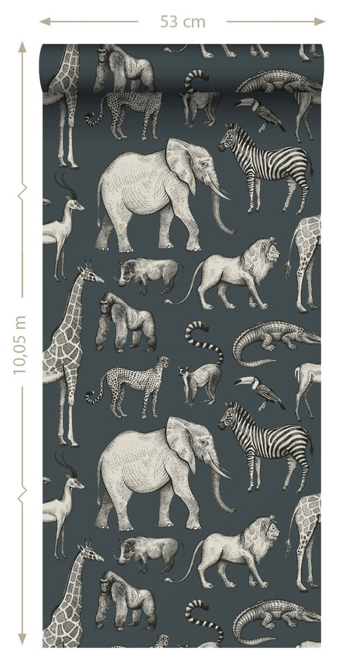ESTAhome behang jungle dieren vergrijsd blauw en grijs - 53 cm x 10.05 m - 139272