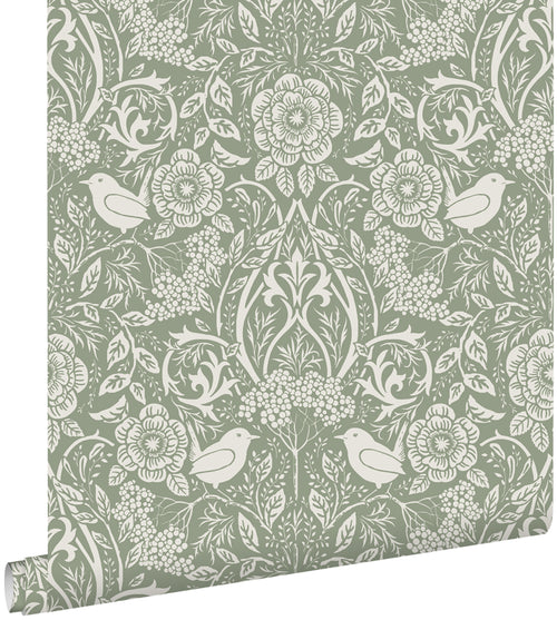 ESTAhome behang bloemen en vogels in art nouveau stijl vergrijsd groen - 53 cm x 10.05 m - 139293