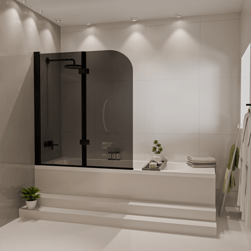 LOMAZOO badwand Caracas - 2 delig - draaibaar - anti kalk nano coating - rookglas - zwart - 120 x 140 cm