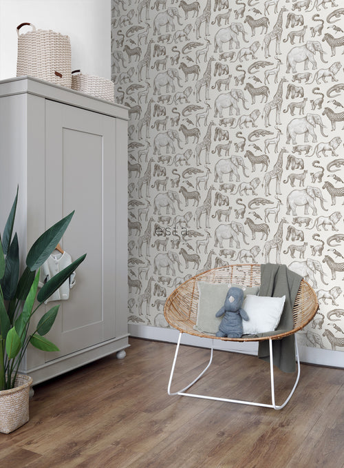 ESTAhome behang jungle dieren gebroken wit - 53 cm x 10.05 m - 139510