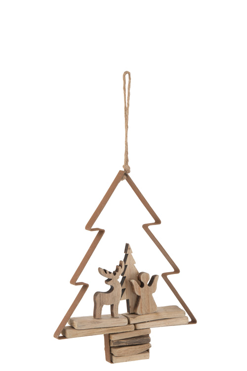 J-Line kersthanger Kerstboom + Figuren - hout/metaal - bruin