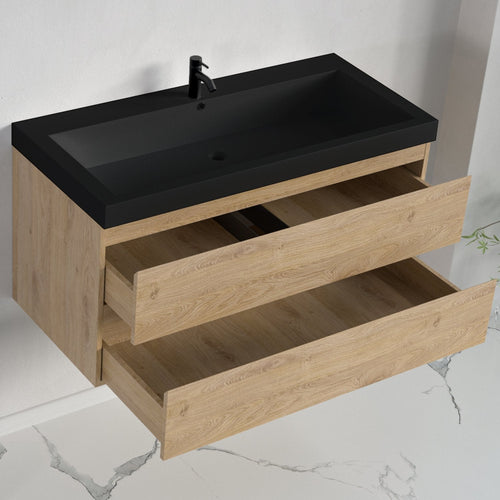 LOMAZOO badmeubelset Avalon - met hoge kast & zwarte wastafel - licht eiken - 100 cm