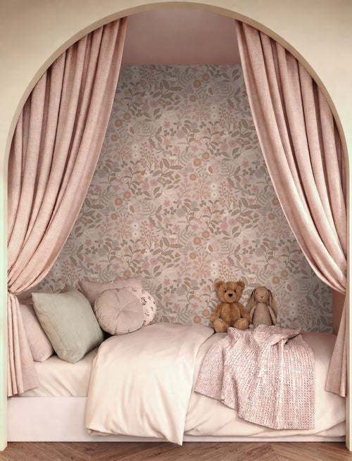 ESTAhome behang bloemen en vogels taupe en oudroze - 50 x 900 cm - 132232