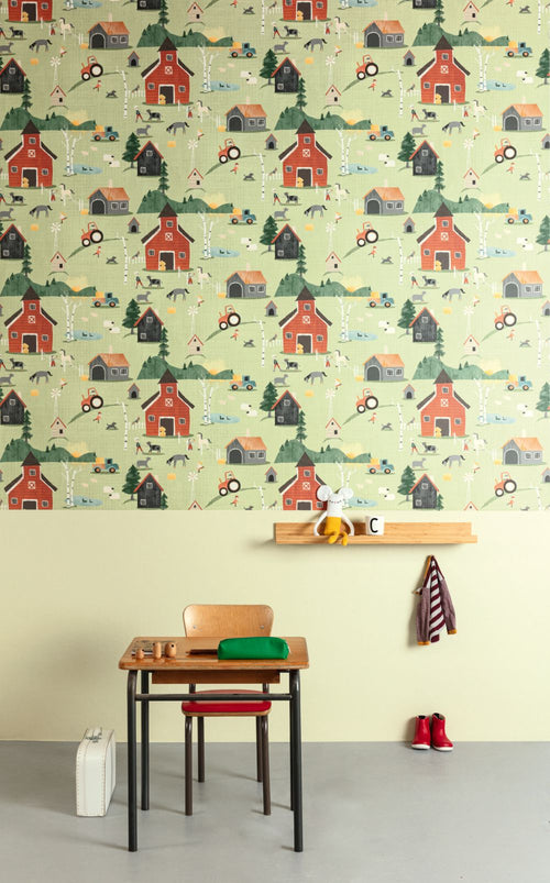 Masureel behang boerderij dieren groen - 53 cm x 10.05 m - 631863 - vtwonen shop