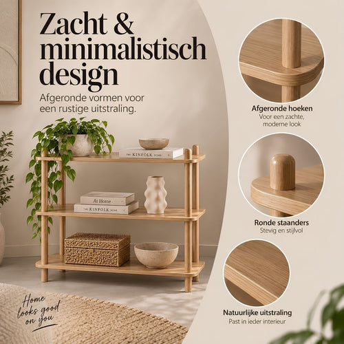 Mica Decorations Jeff Wandrek - Boekenplank van 100% FSC-Gecertificeerd Hout met Drie Ruime Planken voor Boeken en Decoratie - Lichtbruin - L80 x B30