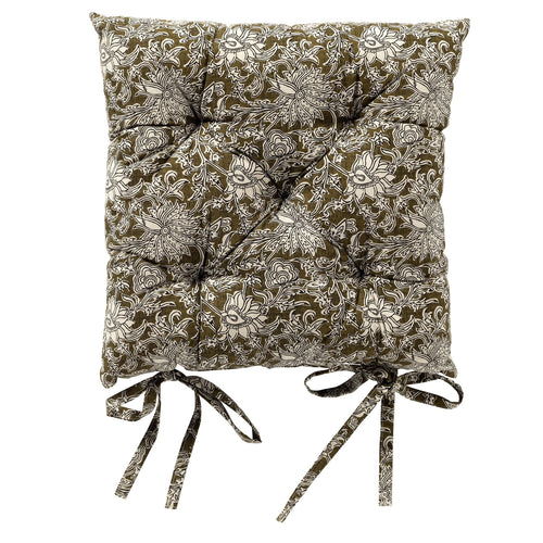 JOELLE - stoelkussen 40x40 cm - bloemenmotief - met striklinten - Green Moss - groen