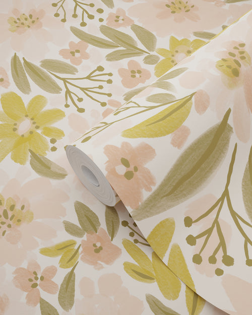 ESTAhome behang bloemen zacht roze, okergeel en vergrijsd groen - 50 x 900 cm - 130924 - vtwonen shop