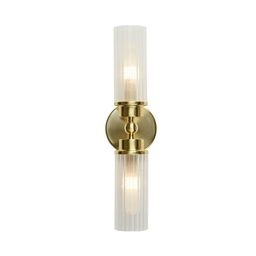 Searchlight Imperial 2-lichts wandlamp, satijnen messing metaal en helder geribbeld glas