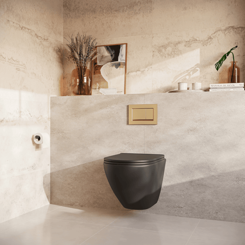 LOMAZOO hangtoiletset Linea - met inbouwreservoir & vierkante drukplaat - rond - goud / zwart