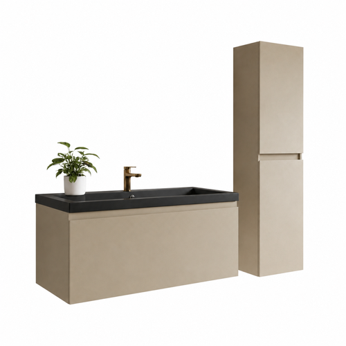 LOMAZOO badmeubelset Sorrento - met hoge kast & zwarte wastafel - greige - 100 cm