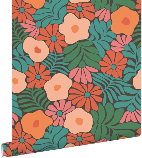 ESTAhome behang bloemen in Matisse stijl donkergroen, oranje en blauw - 50 x 900 cm - 131008 - vtwonen shop