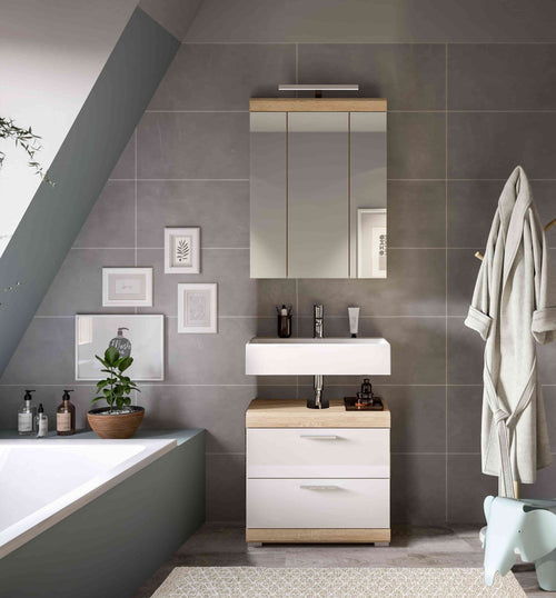 Furnilux Badkamercombinatie In Sonoma Eik Licht En Wit Hoogglans Diepgetrokken - 60cm x 191cm x 37cm - vtwonen shop