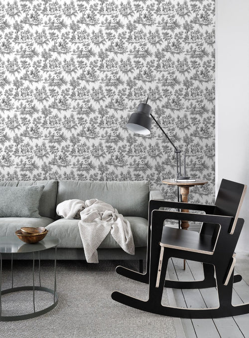ESTAhome behang toile de jouy print zwart - 53 cm x 10.05 m - 136820
