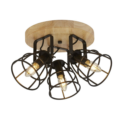 Vision Ronde hanglamp met 3 lampen, mat zwart en hout