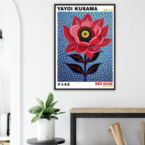 Artfulprints Poster met Lijst Yayoi Kusama - Red rose and dots   - 70x100 cm - Blauw