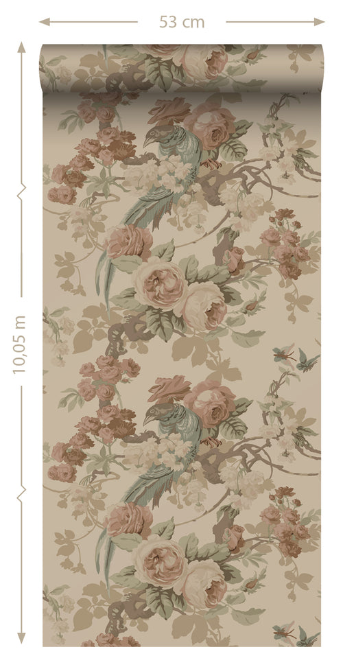 ESTAhome behang bloemen en vogels beige - 50 x 900 cm - 139808