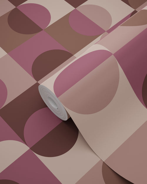 ESTAhome behang cirkels in Bauhaus stijl aubergine paars en bruin - 50 x 900 cm - 131240 - vtwonen shop