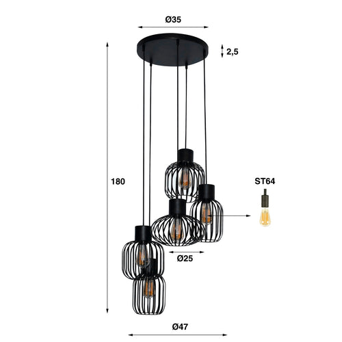 Giga Meubel Hanglamp Getrapt - Zwart Metaal - 5-Lichts - 180x47x47cm - vtwonen shop