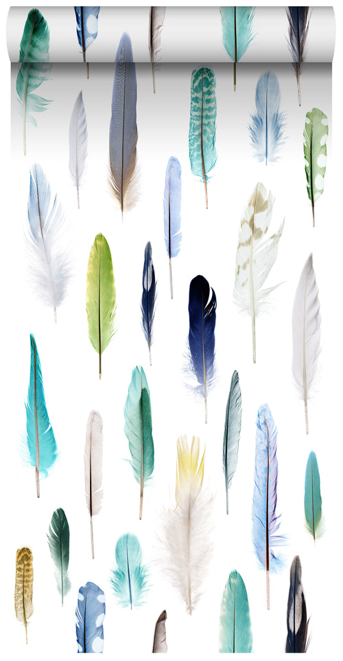 ESTAhome XXL behang veren groen, blauw en beige - 50 x 900 cm - 158602 - vtwonen shop