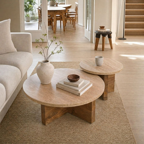 Giga Meubel Salontafel Leno Rond - Travertin/Hout - Naturel - Set van 2