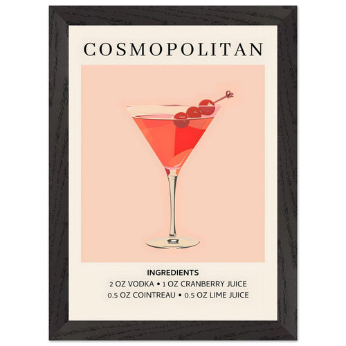 Artfulprints Poster met Lijst Cosmopolitan cocktail - Ingrediënten   - A4 21x29.7 cm - Roze