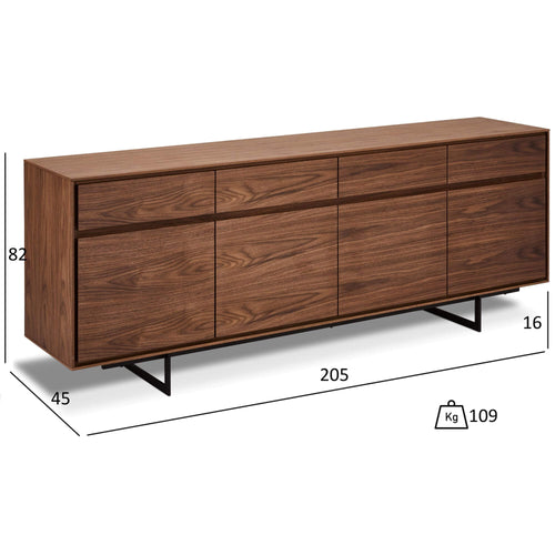 Furnhouse 4-deurs dressoir Tokyo - Amerikaanse walnoot - MDF, Amerikaans walnootfineer - 45x205x82