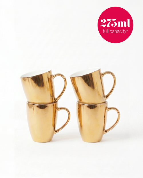 vtwonen - mokken met oor - set van 4 - porselein - goud - 275 ml