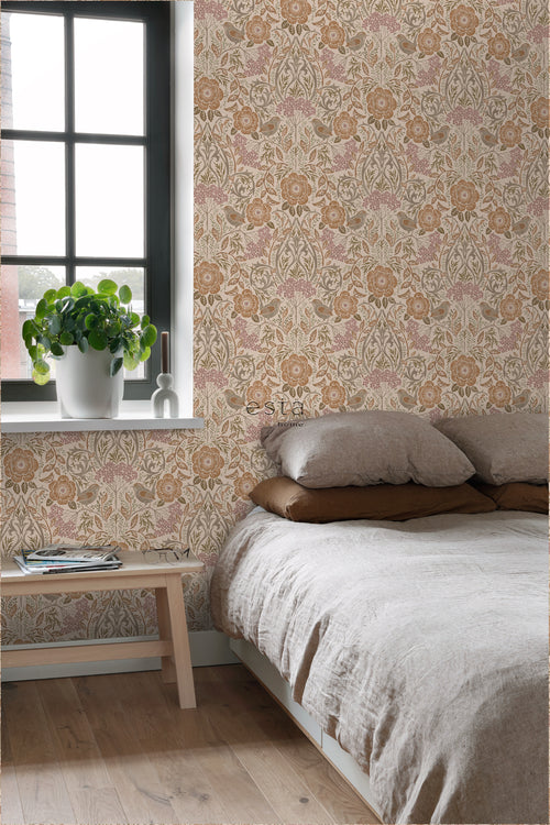 ESTAhome behang bloemen en vogels in art nouveau stijl beige, terracotta en oudroze - 0.53 x 10.05 m - 139567 - vtwonen shop