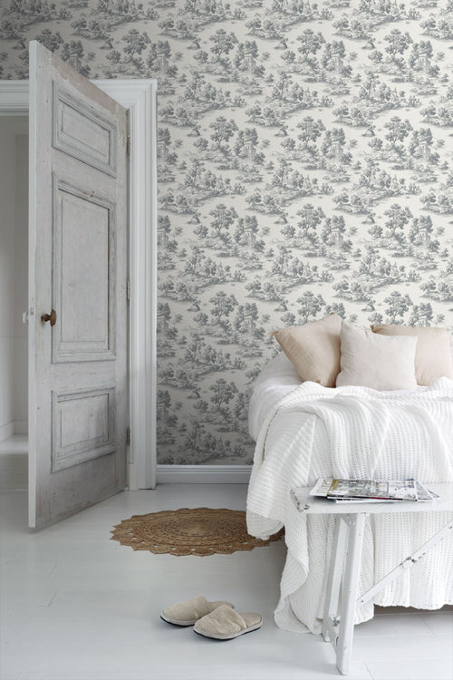 Sanders & Sanders behang toile de jouy print donkergrijs - 53 cm x 10 m - 641038