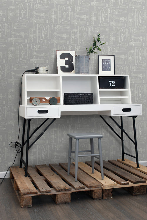 ESTAhome behang constructietekeningen van vliegtuigen taupe - 53 cm x 10.05 m - 128811