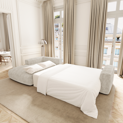 Premium Interiors - Linkshoekbank met slaapfunctie en opbergruimte COMO - zacht aanvoelende geweven stof crème 297cm